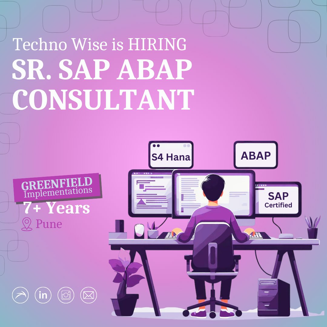 TechnoWise_ind's tweet image. Hiring SAP ABAP Consultant for a Great Place to Work Certified IT MNC
→ S4 Hana Greenfield implementations
→ Preferably Certified SAP Consultants
📍 Pune (Hybrid)
**Early Joiners**
#SAPABAP #Greenfield #S4HANA #Pune #Jobs #SAP #ABAP #S4HANA
Follow: #TechnoWise_India