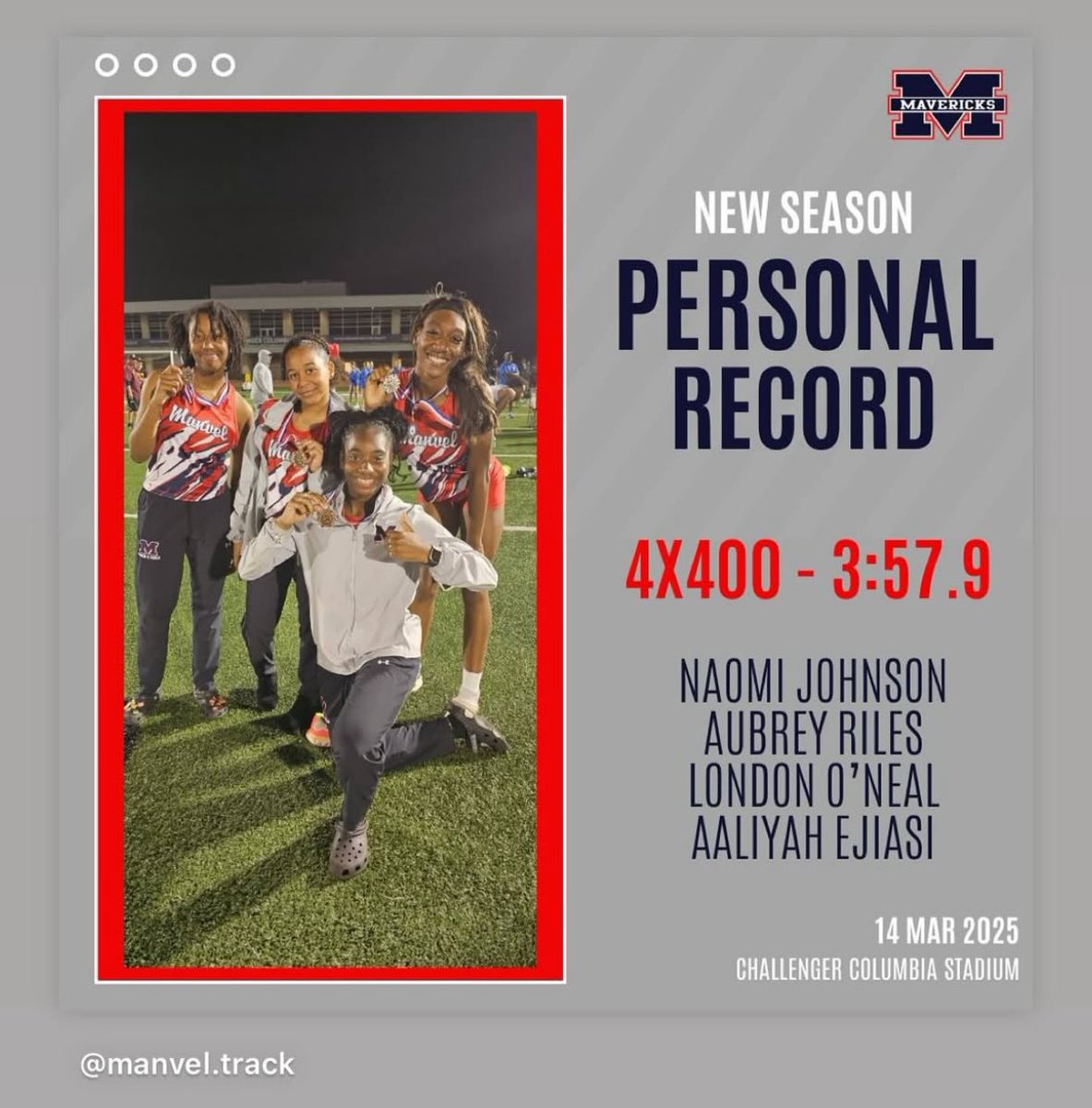 AEjiasi's tweet photo. Huge shoutout to our 4x400 squad for crushing it on the track and securing 3rd place with a new PR of 3:57!

Kudos to the whole squad for leaving it all out there—this is just the beginning! 💪🏽💨
#PRAlert https://t.co/FfgHKfd3ri