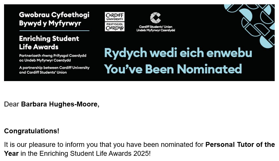 Thrilled to have been nominated for Personal Tutor of the Year in <a href="/cardiffstudents/">Cardiff Students' Union</a>’ Enriching Student Life Awards 2025! 🥲 #ESLAs