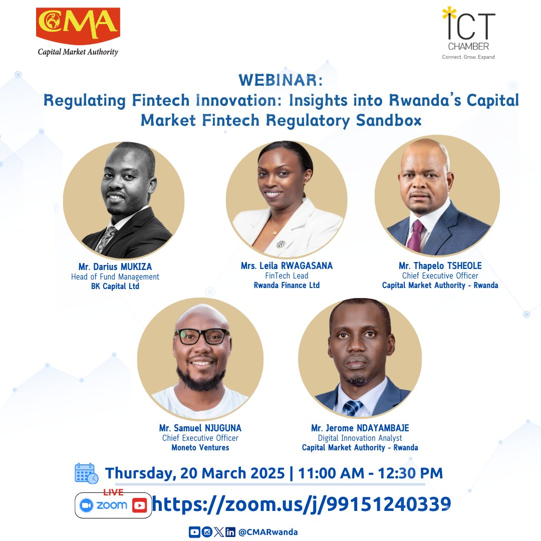 Rwanda ICT Chamber (@rwictchamber) on Twitter photo Don't miss out on this #webinar co-organized by <a href="/rwictchamber/">Rwanda ICT Chamber</a> and <a href="/CMARwanda/">Capital Market Authority | Rwanda</a> to discuss about Regulating Fintech Innovation: Insights into Rwanda’s Capital Market Fintech Regulatory Sandbox.
This webinar will provide a detailed overview of Rwanda’s regulatory framework for Don't miss out on this #webinar co-organized by <a href="/rwictchamber/">Rwanda ICT Chamber</a> and <a href="/CMARwanda/">Capital Market Authority | Rwanda</a> to discuss about Regulating Fintech Innovation: Insights into Rwanda’s Capital Market Fintech Regulatory Sandbox.
This webinar will provide a detailed overview of Rwanda’s regulatory framework for