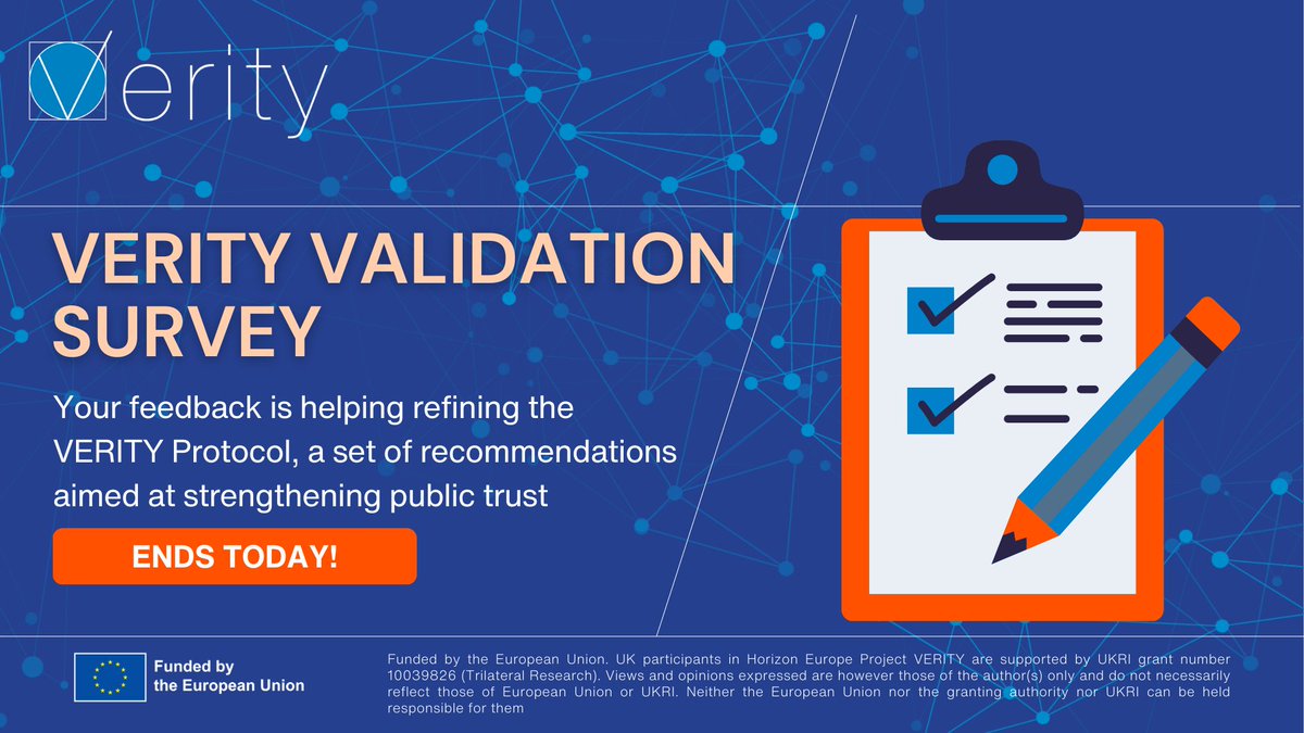 VerityEU's tweet photo. 🚨 LAST CHANCE! 

Help shape the #VERITYProtocol to strengthen public trust in science.

💡 10-15 min survey
🔒 Fully anonymous
🔗 https://t.co/ITv3RAEPyd. 

Your insights matter, join us! 🚀 

#ScienceTrust #Survey https://t.co/OBMrrJSJUM