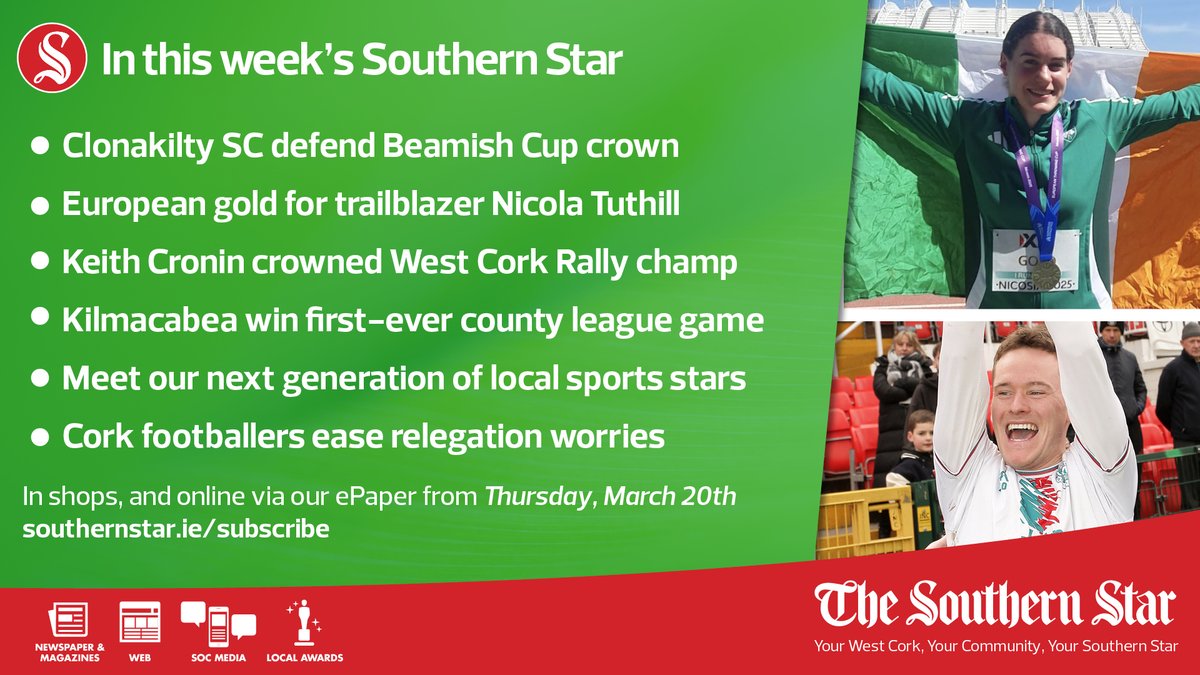 Kieran McCarthy (@kieranmcc_ss) on Twitter photo Slightly biased here, but I'd strongly advise you to pick up a copy of this Thursday's <a href="/SouthernStarIRL/">The Southern Star</a> Sport - it really is one of the best we've worked on.
⭐️ Eight-page Next Generation special.
⭐️ <a href="/clonsoccerclub/">clonakilty soccer club</a> win Beamish Cup final.
⭐️ <a href="/KeithCDrivefor5/">Keith Cronin</a>'s West Cork Rally Slightly biased here, but I'd strongly advise you to pick up a copy of this Thursday's <a href="/SouthernStarIRL/">The Southern Star</a> Sport - it really is one of the best we've worked on.
⭐️ Eight-page Next Generation special.
⭐️ <a href="/clonsoccerclub/">clonakilty soccer club</a> win Beamish Cup final.
⭐️ <a href="/KeithCDrivefor5/">Keith Cronin</a>'s West Cork Rally