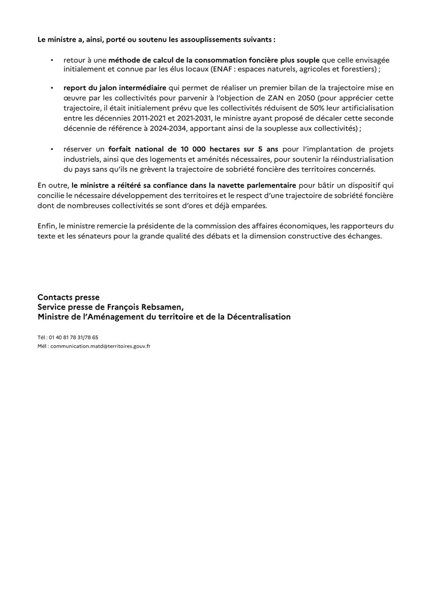 frebsamen's tweet photo. L’adoption au @Senat de la PPL TRACE confirme le maintien de l’objectif Zéro Artificialisation Nette des sols en 2050, tout en adaptant sa mise en œuvre aux contraintes de nos collectivités.

Le dialogue constructif avec les parlementaires se poursuivra à l'@AssembleeNat. https://t.co/jS5v42SiAB