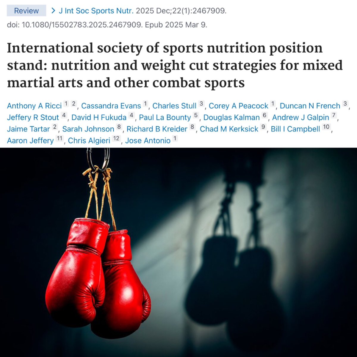 Andy Galpin, PhD (@drandygalpin) on Twitter photo Just out, open access position stand from <a href="/IntSocietySN/">International Society of Sports Nutrition (ISSN)</a> , led by Dr. Tony Ricci.
Includes specific instruction for weight loss, nutrition, & supplementation at the beginning of fight camp, during final weight cut, and recovery/reload.
Excellent scientific guide. Just out, open access position stand from <a href="/IntSocietySN/">International Society of Sports Nutrition (ISSN)</a> , led by Dr. Tony Ricci.
Includes specific instruction for weight loss, nutrition, & supplementation at the beginning of fight camp, during final weight cut, and recovery/reload.
Excellent scientific guide.