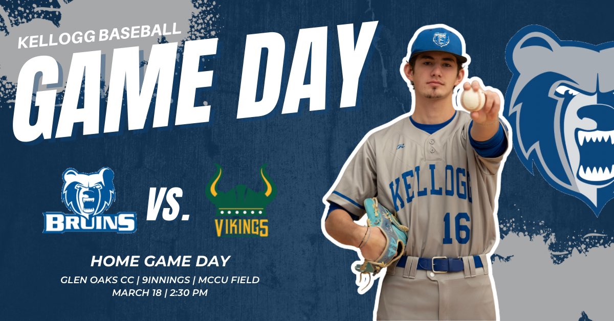 KelloggBruins's tweet photo. ⚾️ @BaseballKellogg Home &amp; Conference Opener!

🆚 Glen Oaks CC 
🕑 2:00 PM ET (9 inn.) 
🏠 MCCU Field | Bailey Park 
🎥 https://t.co/KxDKQAhWRa

#GreatDayToBeABruin #BruinStrong https://t.co/GStd128w4p