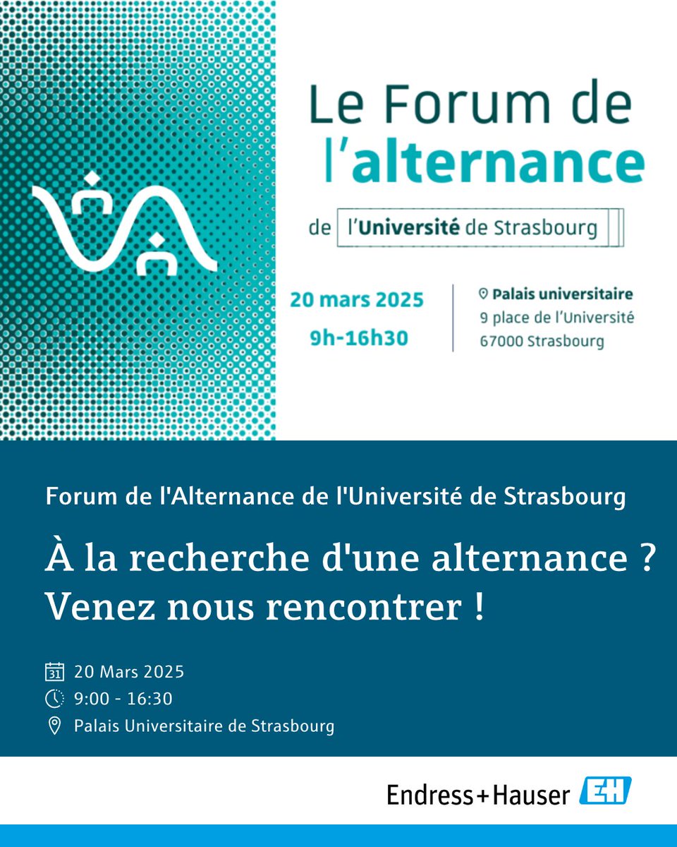 🎓 À la recherche d’une #Alternance ?

Le 20 mars 2025, #EndressHauser sera au Forum de l'alternance de l'#UniversitéDeStrasbourg au Palais universitaire (stands 55 et 56). 

Découvez nos offres en alternance, déposez votre CV dès maintenant 👉 eh.digital/4iuNaG2
