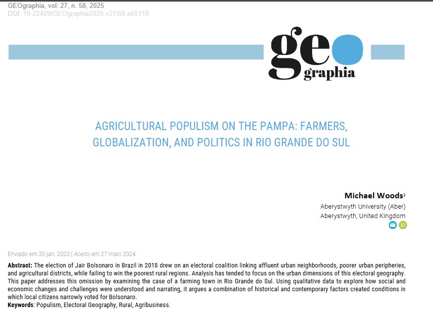 Rural Politics & Spatial Justice (@ruralspatialjus) on Twitter photo New open access paper on farmers, globalization, populism and support for Bolsonaro in southern Brazil, with reflection on qualitative methods in electoral geography. Based on <a href="/RuralSpatialJus/">Rural Politics & Spatial Justice</a> and <a href="/globalrural/">GLOBAL-RURAL</a> research: periodicos.uff.br/geographia/art… New open access paper on farmers, globalization, populism and support for Bolsonaro in southern Brazil, with reflection on qualitative methods in electoral geography. Based on <a href="/RuralSpatialJus/">Rural Politics & Spatial Justice</a> and <a href="/globalrural/">GLOBAL-RURAL</a> research: periodicos.uff.br/geographia/art…
