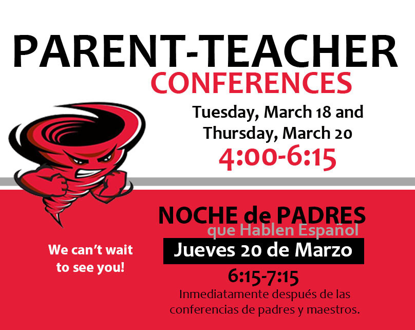 Don't forget about parent-teacher conferences! They start at 4:00 this afternoon and run until 6:15. We will repeat the same schedule Thursday. Come by, pick up your child's report card, and visit with teachers. We can't wait to see you!