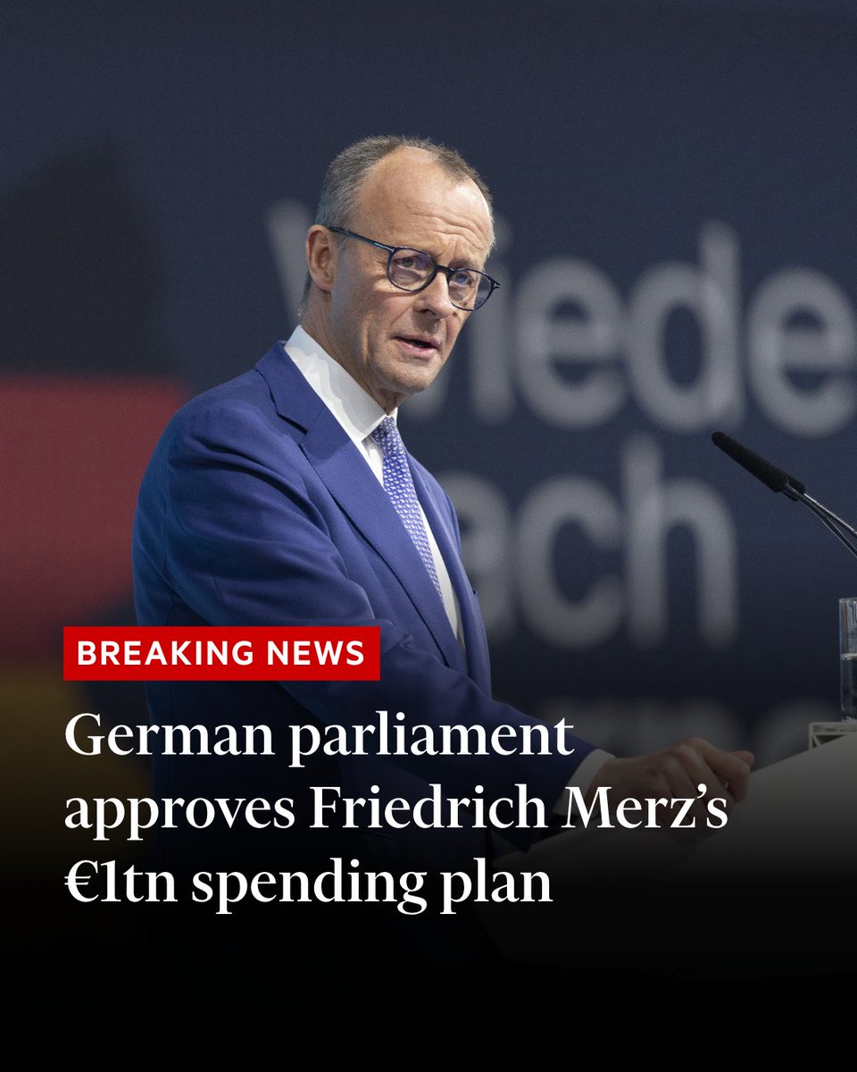 FT's tweet image. Breaking news: In an emergency session of the outgoing Bundestag, the chancellor-in-waiting won the support of 513 lawmakers, more than the two-thirds majority required for the constitutional changes. on.ft.com/43UlOVf