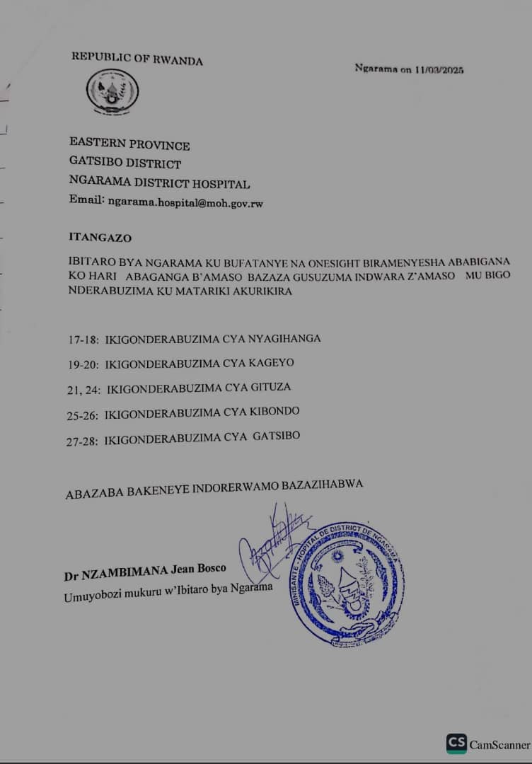 Ingamba zo gusuzuma uburwayi bw' amaso  hagamijwe guca  ubuhumyi kubera izo ndwara birakomeye muri zone y'ibitaro bya Ngarama,Aho gusuzuma izo ndwara bikorerwa kubigonderabuzima <a href="/GatsiboDistrict/">Gatsibo District</a> <a href="/OneSightRwanda/">OneSight Rwanda</a> <a href="/RwandaHealth/">Ministry of Health | Rwanda</a>