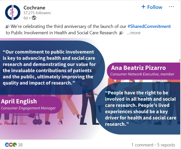 RD_Catherine's tweet image. 6 days ago:  Cochrane celebrates #sharedcommitment to public involvement as 'key to advancing health and social care'.... 
Today: Cochrane suspends dialogue with 122.5k followers on X for a mere 57k on LinkedIn. 
Why compromise dissemination of health info? I think I can guess🤔