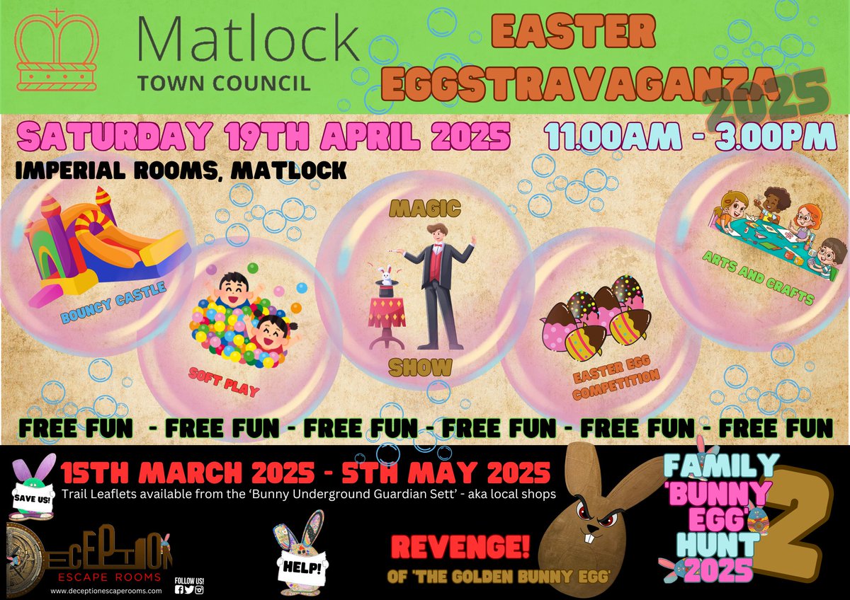 MatlockCouncil's tweet image. The easter egg trail bought to you by Deception Escape rooms is now on.  You can start the trail at any of the premesis in Matlock with a bunny in the window.

Good Luck!