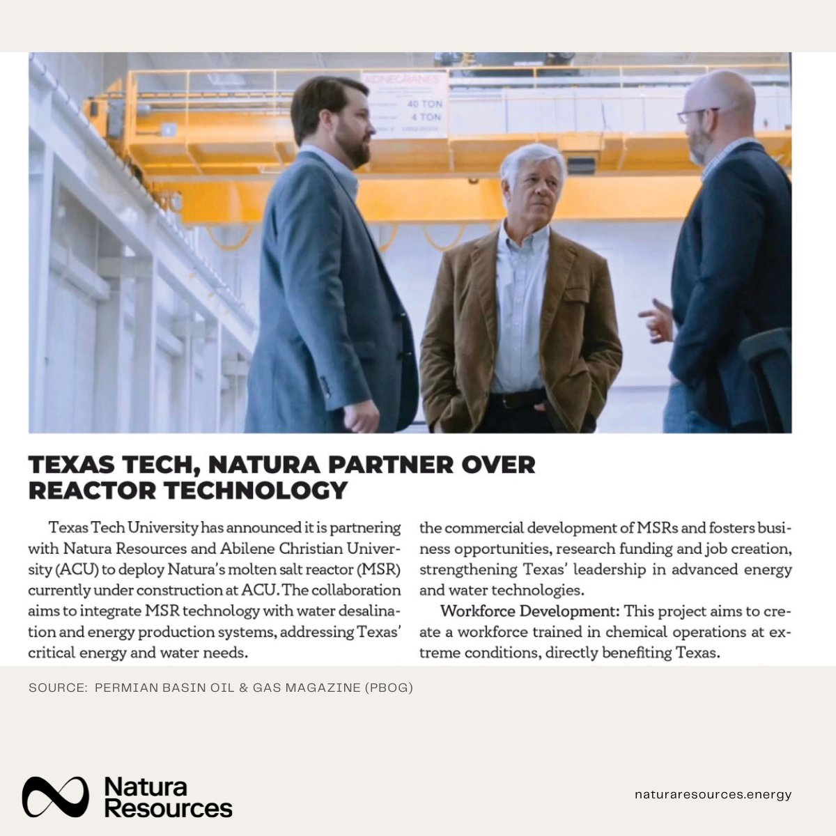 IN THE NEWS: Permian Basin Oil and Gas Magazine carries coverage of Natura Resources in its March issue. Texas Tech has partnered with Natura Resources to seek business opportunities and funding for projects related to Natura's molten salt reactor. 

dashboard.mazsystems.com/webreader/8695…