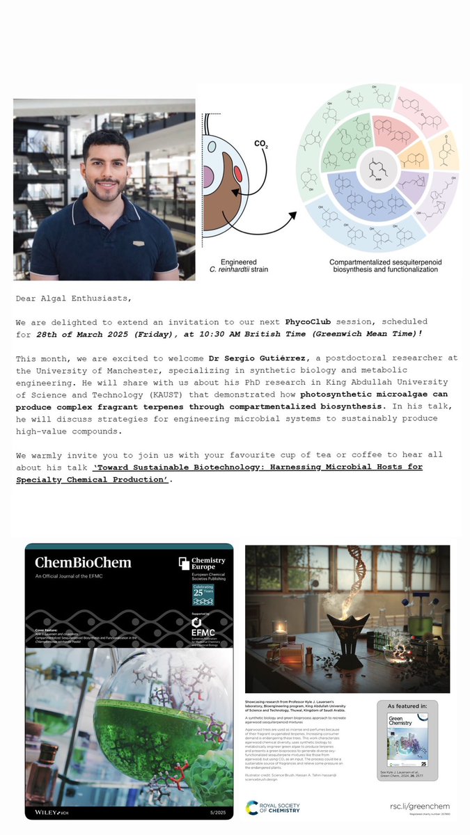 Talking microalgae as fragrance factories at #PhycoFriday! Still amazed how we got these cells to make terpenes during my <a href="/KAUST_News/">KAUST</a> PhD. 

Join Mar 28, 10AM GMT if you're into sustainable biotech! 🧪🌊 #AlgaeNerd