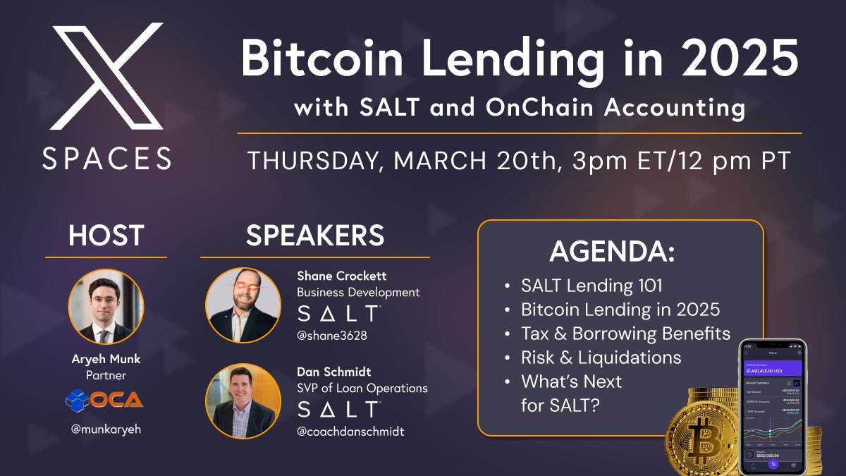 📢 Join  us this Thursday at 3pm ET to hear our own <a href="/shane3628/">Shane</a> and <a href="/coachdanschmidt/">Dan Schmidt</a> on <a href="/OnChainAccountg/">OnChain Accounting</a> with Host <a href="/munkaryeh/">Aryeh Munk | aryeh.btc</a> to discuss Bitcoin Lending in 2025! 

#Bitcoin #Bitcoin2025 #bitcoinlending #SALT