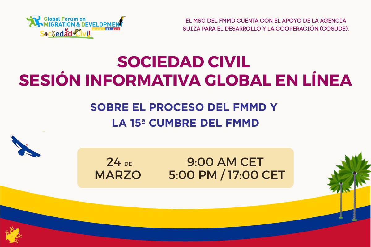 🚨 GFMD Civil Society Online Briefing – 24 March!

Stay informed on the <a href="/GFMDprocess/">GFMD</a>, key updates &amp; civil society delegation nominations!

🌍 2 sessions:
🕘 9:00–10:30 CET 🔗 bit.ly/Global-AM
🕔 17:00–18:30 CET 🔗 bit.ly/Global-PM

🗣️ Interpretation in EN | ES | FR