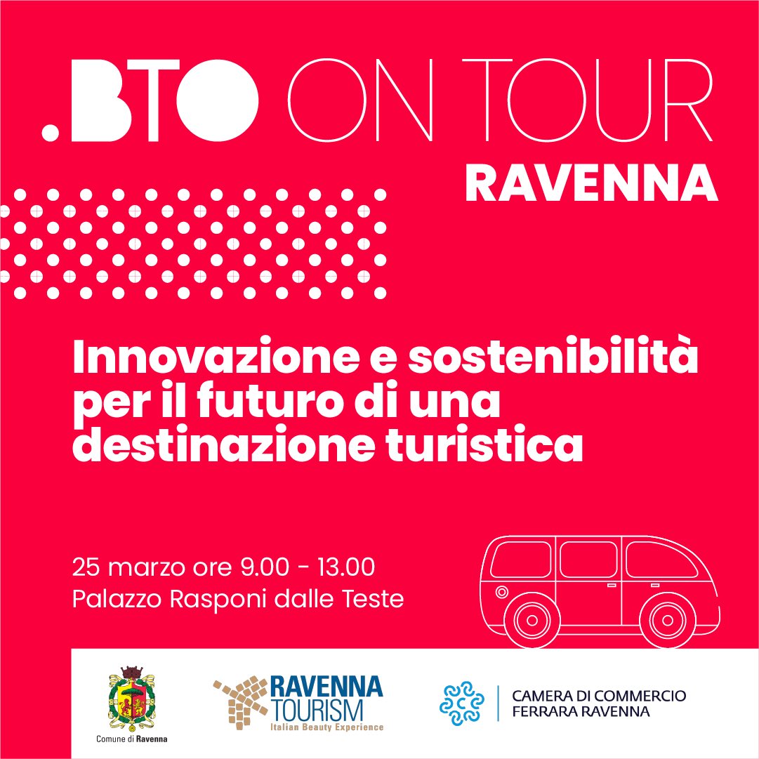 BTO ON TOUR riparte da Ravenna! 

🗓 martedì 25 marzo 2025 ore 9 – 13
📍 Palazzo Rasponi dalle Teste, Piazza J.F. Kennedy, 12 Ravenna
🎯 INNOVAZIONE E SOSTENIBILITÀ PER IL FUTURO DI UNA DESTINAZIONE TURISTICA

Scopri il programma e come iscriversi su 👉 bto.travel/bto-on-tour-20…