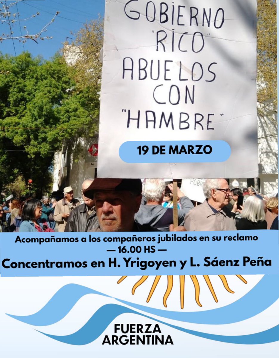Fuerza Argentina (@fuerzaargok) on Twitter photo Mañana nuevamente acompañaremos a los compañeros jubilados en su reclamo. Estaremos concentrando a partir de las 16 en Hipólito Yrigoyen y Luis Sáenz Peña, con los trabajadores del transporte.
#FuerzaArgentina Mañana nuevamente acompañaremos a los compañeros jubilados en su reclamo. Estaremos concentrando a partir de las 16 en Hipólito Yrigoyen y Luis Sáenz Peña, con los trabajadores del transporte.
#FuerzaArgentina