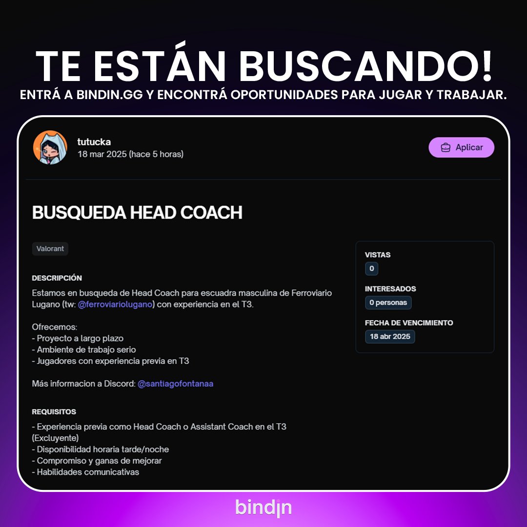 🚨 @feluganoesports busca Head Coach 🚨

Buscan gente con experiencia en el T3 de Valorant y con ganas de liderar un equipo con jugadores de alto nivel,

✅ Proyecto a largo plazo
✅ Ambiente serio y competitivo
✅ Roster con experiencia 

🔗bindin.gg/opportunities/…
