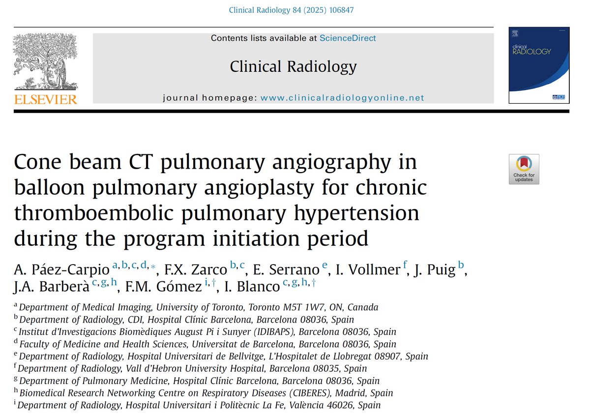 Alfredo PĂĄez-Carpio (@apaezcarpio) on Twitter photo New publication in <a href="/ClinRadiology/">Clinical Radiology</a>! We evaluate the role of CBCT in BPA for CTEPH during the initial phase of our program, focusing on its impact on safety, efficacy, and procedural planning. Second paper of my PhD!
Read here: bit.ly/4hhmZRR
<a href="/fermgmez/">fernando gĂłmez</a> <a href="/isabelclinic/">Isabel Blanco</a> New publication in <a href="/ClinRadiology/">Clinical Radiology</a>! We evaluate the role of CBCT in BPA for CTEPH during the initial phase of our program, focusing on its impact on safety, efficacy, and procedural planning. Second paper of my PhD!
Read here: bit.ly/4hhmZRR
<a href="/fermgmez/">fernando gĂłmez</a> <a href="/isabelclinic/">Isabel Blanco</a>