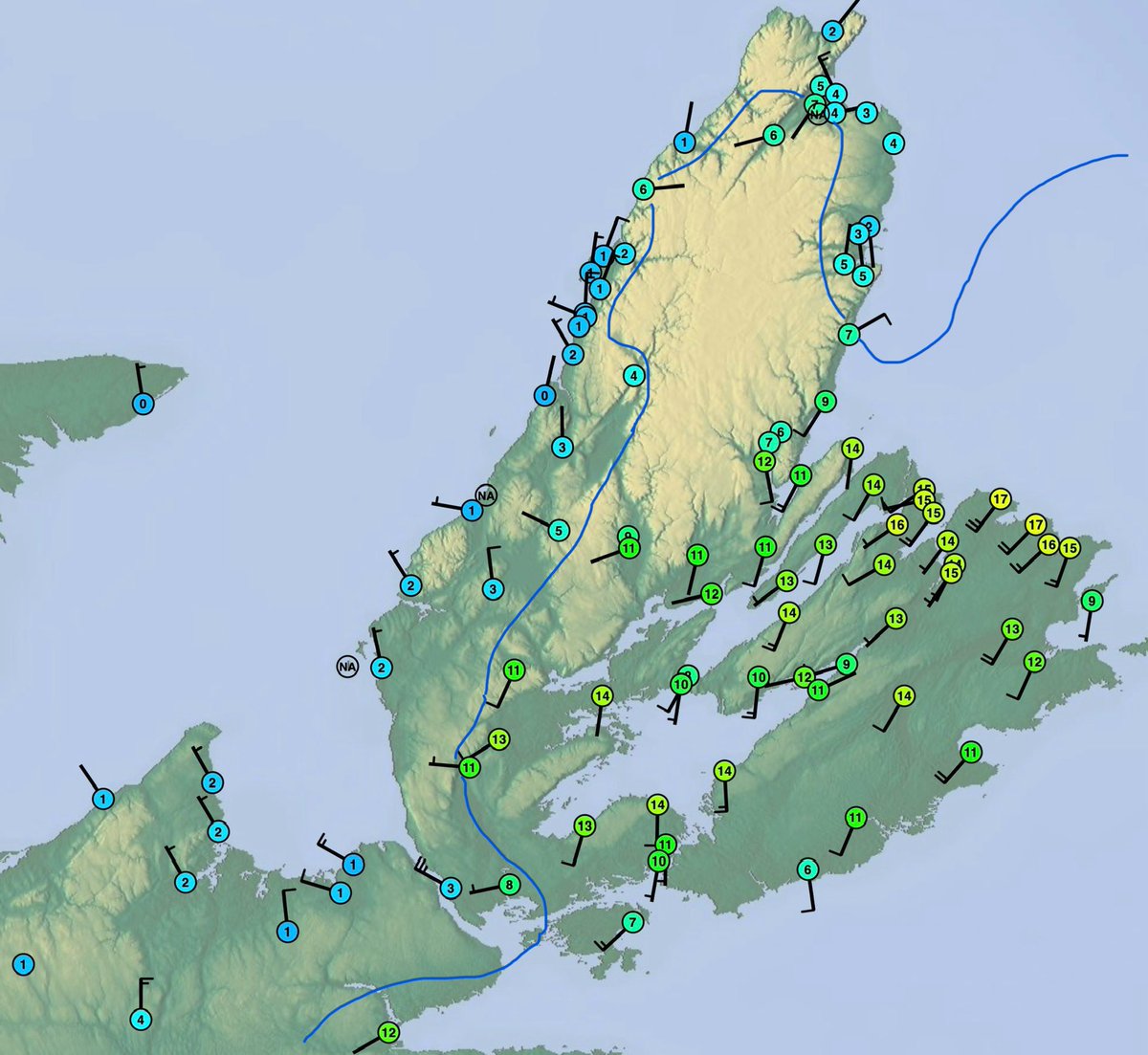 Interesting to see how terrain can impede flow of the cold front in some areas more than others, creeping low to the surface as it undercuts much warmer air aloft #nswx
