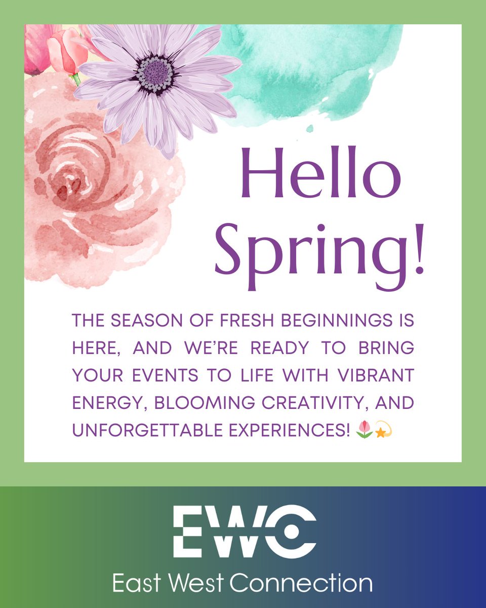 EWCMeetings's tweet photo. Whether it’s a spring retreat, a corporate getaway, or a spectacular outdoor event, let EWC handle the details so you can focus on making memories. 🌞🍃

#SpringIntoEvents #FreshBeginnings #EventPlanning #MeetingsWithImpact #SpringRetreats #eastwestconnection https://t.co/H80FVNlP0O