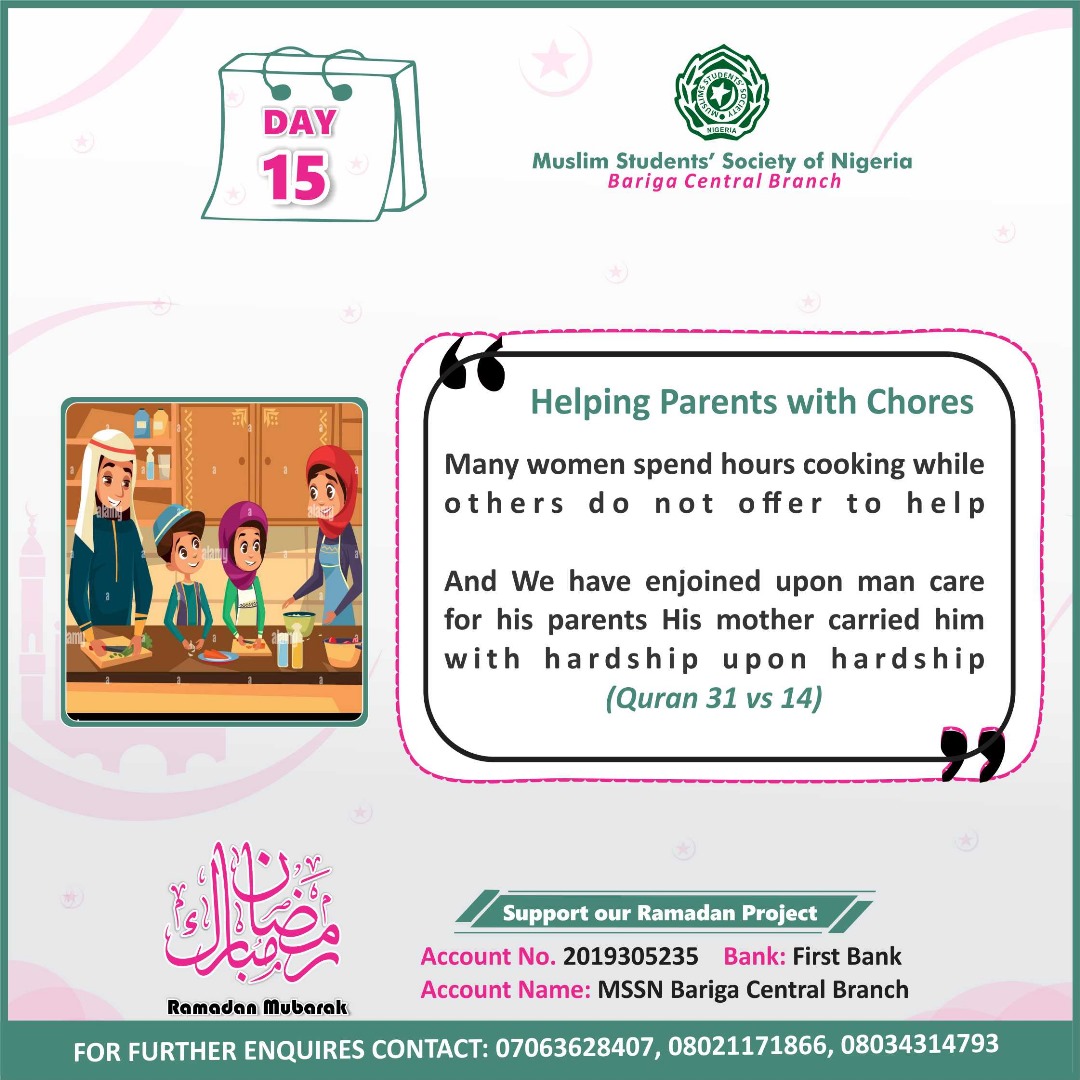 BarigaMssn's tweet photo. Day Day 15: Helping Parents with Chores

Many mothers and women spend hours cooking and preparing meals while others do not offer to help. Ramadan is a time to show gratitude by easing their burden.

“And We have enjoined upon man care for his parents.  (Quran 31:14) https://t.co/FCT7DEwx8h