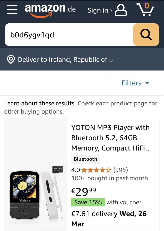 DenisDebung's tweet photo. @adrianweckler Seems to be a big uplift on some of the #amazonireland prices..

Was looking to buy this Mp3 player (ASIN: b0d6ygv1qd)

It costs €29.99 on Amazon’s German, Spanish, Italian and French sites.
It’s £25.61 on the UK one

On https://t.co/Hjjq7RCCyh it’s €49.99 !!!! https://t.co/sSGbDs82F8