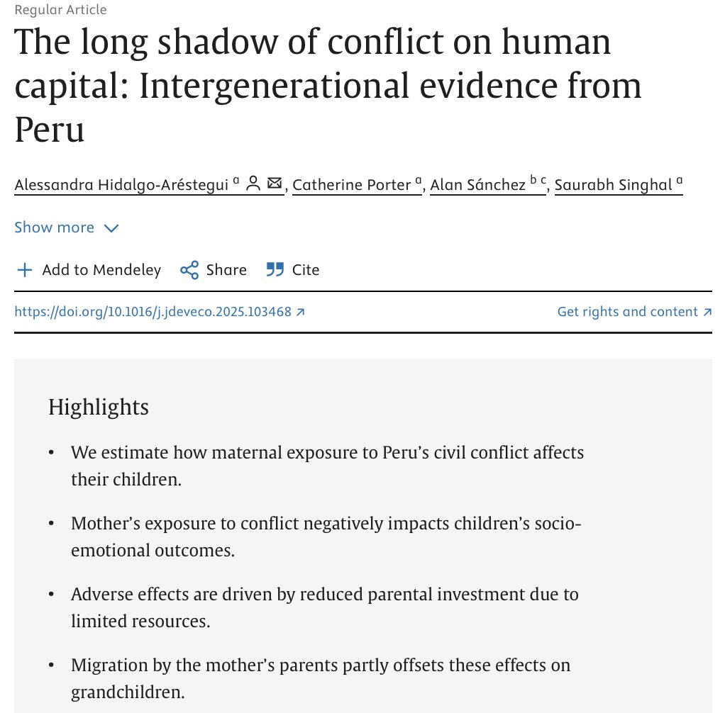 Alessandra Hidalgo A. (@alehidalgoa) on Twitter photo I’m delighted to share that our research on the inter-generational effects of Peruvian civil conflict is now available in JDE!
It has been a blast to collaborate with <a href="/EconCath/">Frau Prof. Dr. Catherine Porter</a>, <a href="/singhalecon/">Saurabh Singhal</a> & <a href="/alan_sanchezj/">Alan Sánchez</a> on this study, which also plays a key role in my PhD journey. I’m delighted to share that our research on the inter-generational effects of Peruvian civil conflict is now available in JDE!
It has been a blast to collaborate with <a href="/EconCath/">Frau Prof. Dr. Catherine Porter</a>, <a href="/singhalecon/">Saurabh Singhal</a> & <a href="/alan_sanchezj/">Alan Sánchez</a> on this study, which also plays a key role in my PhD journey.