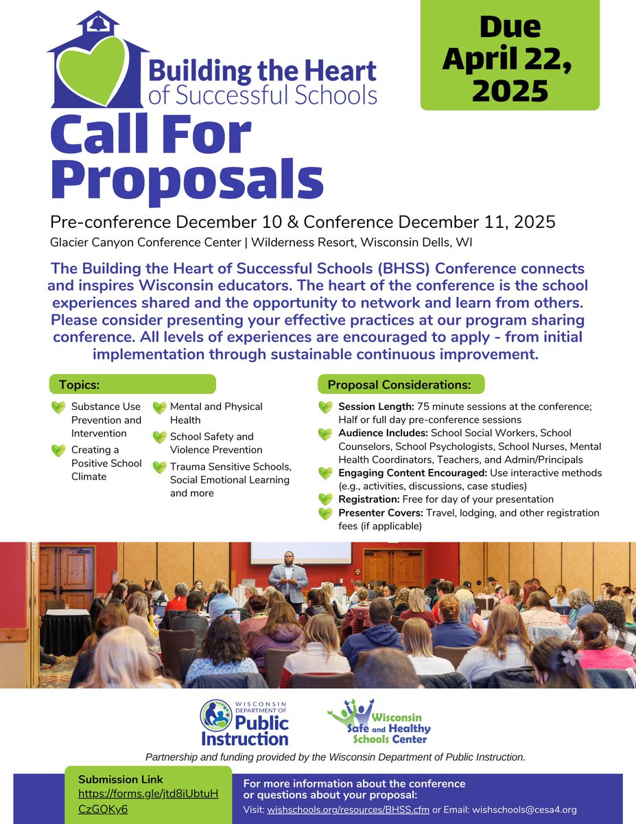 Be a Part of BHSS 2025 – Submit Your Session Proposal April 22nd!

Find more information and the proposal form here: forms.gle/RyL3Aj6cMnZuNB…

#bhss #wishcenter #callforproposals #educationconference #wisconsineducators