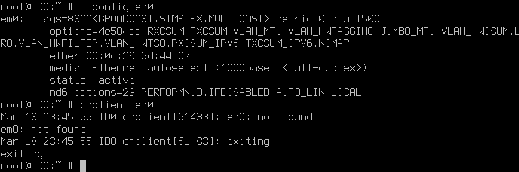 #FreeBSD dhclient em0 failed with "em0: not found"

it will work if I run dhclient em0 after I configure an IP on em0!