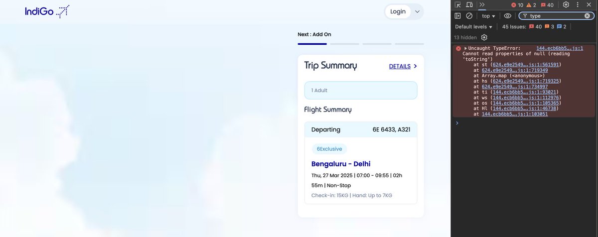 ankites's tweet photo. Javascript's cannot-read-property error claims another victim! @IndiGo6E your website is down - unable to book tickets as it would not let me add passenger details! https://t.co/RI5ANaRzHx
