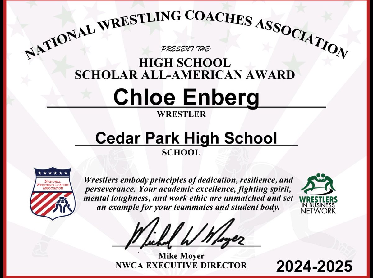 Another wrestler being recognized as a scholar All-American by NWCA. Great job Chloe!!!