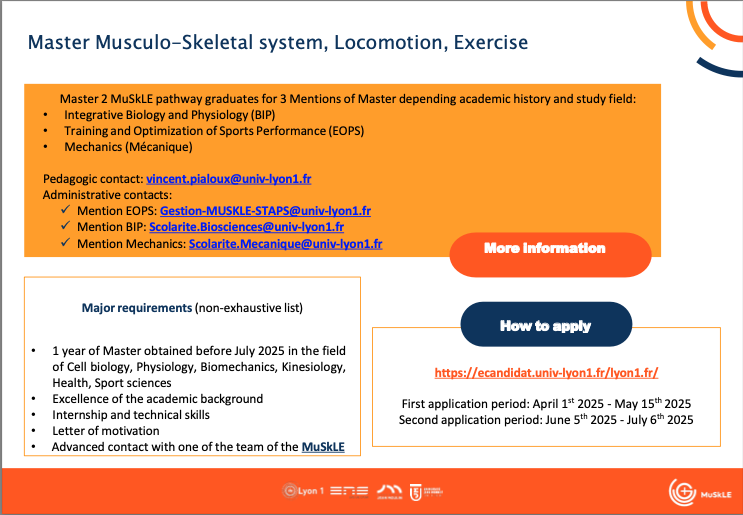 MuSkLE Graduate School (@muskle_school) on Twitter photo ⚠️ There is no Master 1 without a Master 2...Musculo-Skeletal system, Locomotion, Exercise (MuSkLE). how to apply ecandidat.univ-lyon1.fr/lyon1.fr/. 👇 ⚠️ There is no Master 1 without a Master 2...Musculo-Skeletal system, Locomotion, Exercise (MuSkLE). how to apply ecandidat.univ-lyon1.fr/lyon1.fr/. 👇