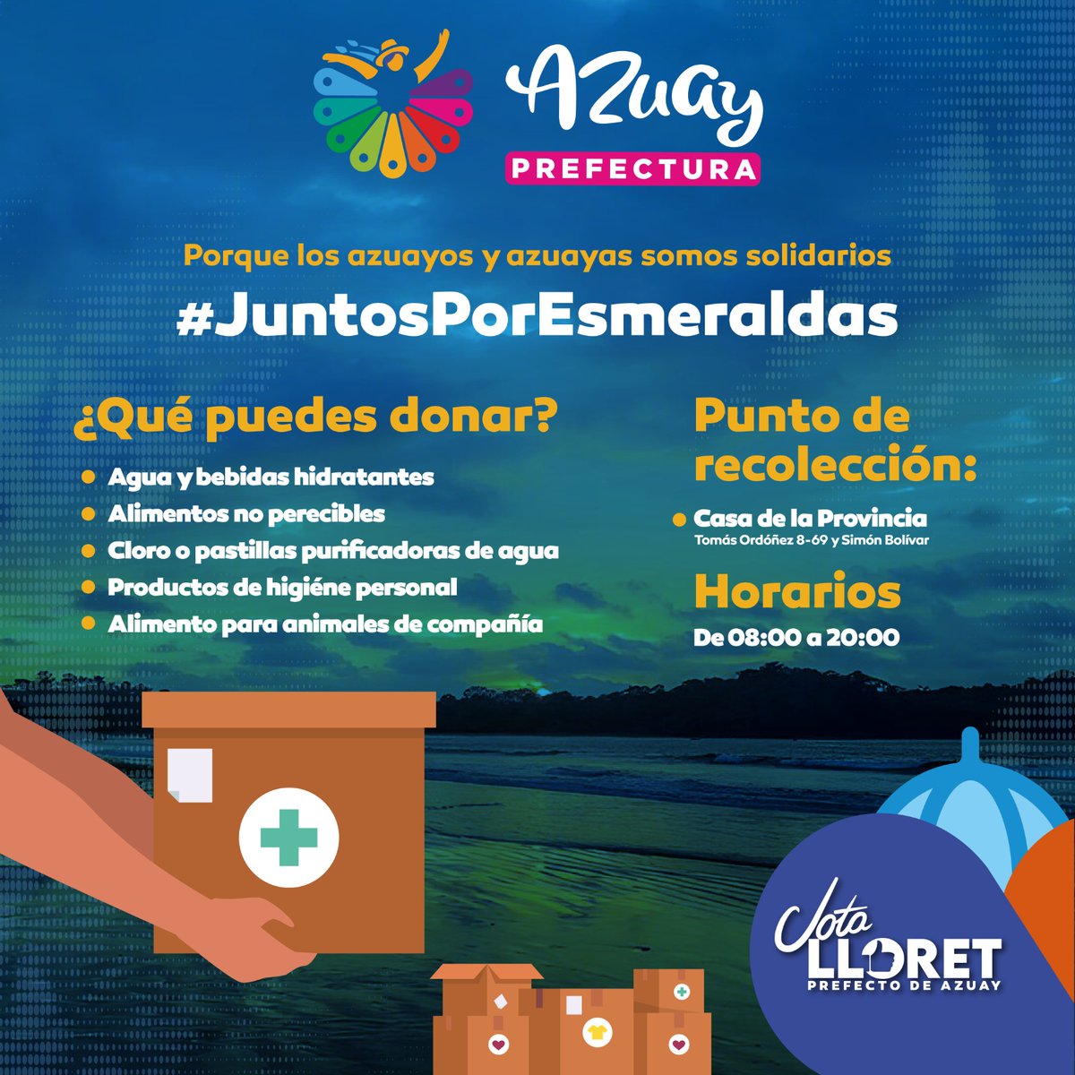 AzuayPrefectura's tweet photo. #AzuaySolidario
El pueblo hermano de Esmeraldas nos necesita. 🫶💚💚
¿Dónde y cómo donar vituallas a los damnificados por el derrame de petróleo ocurrido en el cantón Quinindé?
#AzuayPrefectura
#JotaLloretPrefecto
#JuntosPorEsmeraldas https://t.co/QAA7EhcfBr