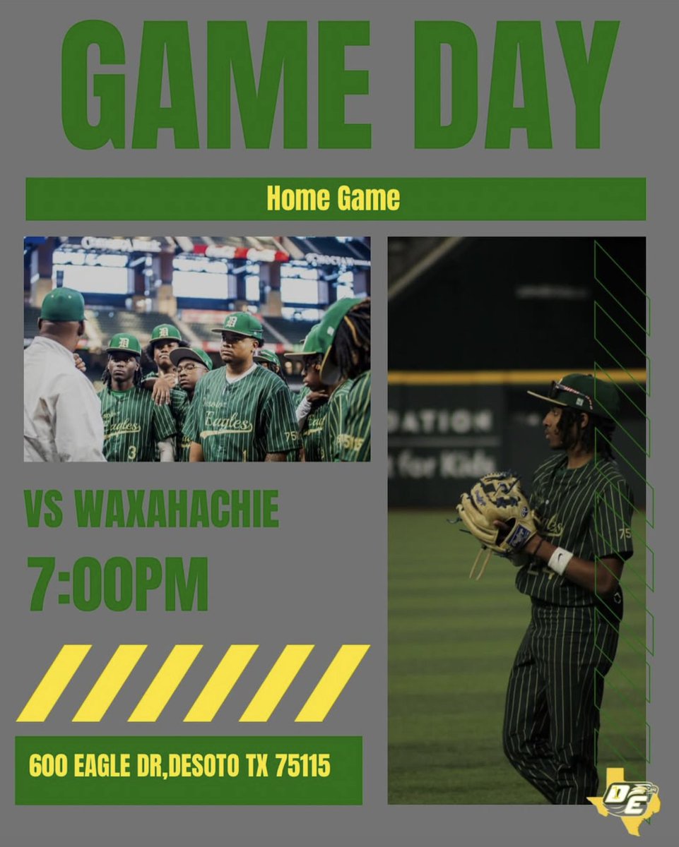 desotoisdeagles's tweet photo. โพ๏ธ Game Day Alert! โพ๏ธ
The DeSoto Boys Baseball team is taking on Waxahachie High School in a thrilling home game TODAY, March 18th, at 7:00 PM!
Come out and support our team as they give it their all on the field! ๐
#desotoisd #desototripleaexperience #SoaringHigher https://t.co/GnYhvaXK7G