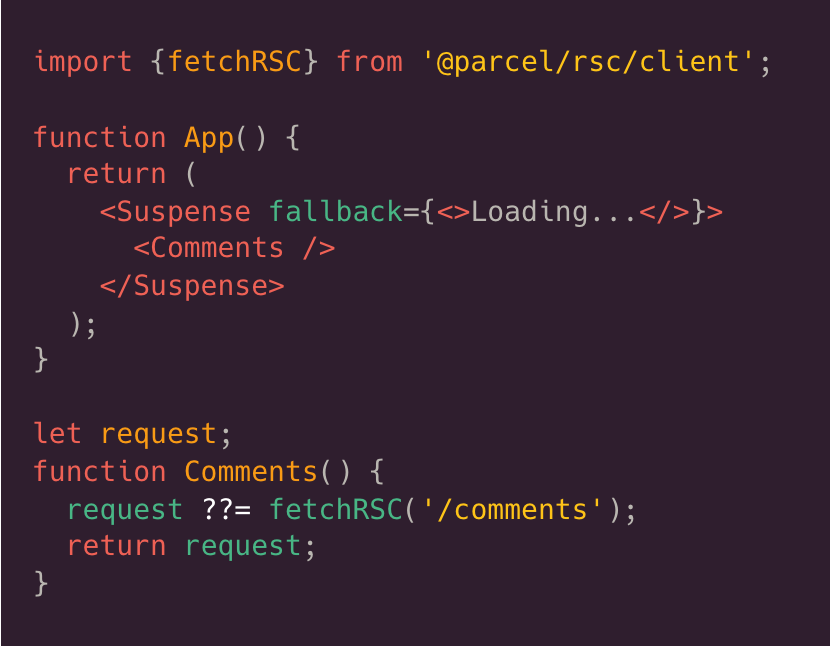 devongovett's tweet photo. Don't need SSR or have an existing client-rendered app? You can just request RSCs from client components.

This lets you move heavy things like markdown parsing to the server, streaming the resulting components to the client. https://t.co/ChNjloVD9K