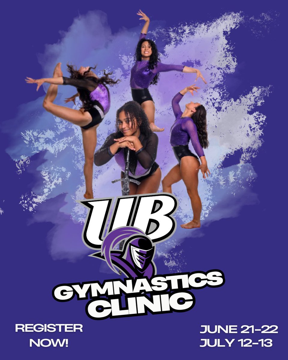 UBGymnastics's tweet photo. Summer clinic registration is live! Register via Ryzer or the link in our bio! 💜⚔️🔥 https://t.co/9TJCUKmPDX