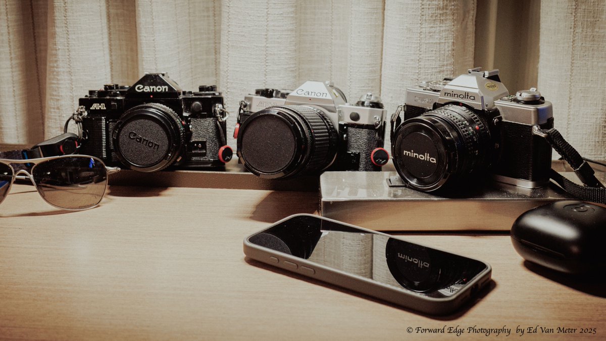 EdVanMeter's tweet image. The "Revenge of Digital" is a movement... My Canon A1 I purchased in Frankfurt, Germany (AAFES) in 1982. The other 2 were from friends who were also the original owners from the same decade. #canon #Minolta #BandCcamera Las Vegas #AlienFilmLab #35mm #35mmfilm (yes, a digital