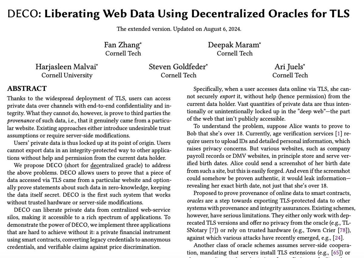 IC3 (@initc3org) on Twitter photo DECO, originally researched by <a href="/0xFanZhang/">Fan Zhang</a> <a href="/mskd96/">Deepak Maram</a> Harjasleen Malvai, <a href="/sgoldfed/">Steven Goldfeder</a> <a href="/AriJuels/">Ari Juels</a>, was adopted by <a href="/chainlink/">Chainlink</a> in 2024
Go here to read the DECO paper: arxiv.org/abs/1909.00938 DECO, originally researched by <a href="/0xFanZhang/">Fan Zhang</a> <a href="/mskd96/">Deepak Maram</a> Harjasleen Malvai, <a href="/sgoldfed/">Steven Goldfeder</a> <a href="/AriJuels/">Ari Juels</a>, was adopted by <a href="/chainlink/">Chainlink</a> in 2024
Go here to read the DECO paper: arxiv.org/abs/1909.00938