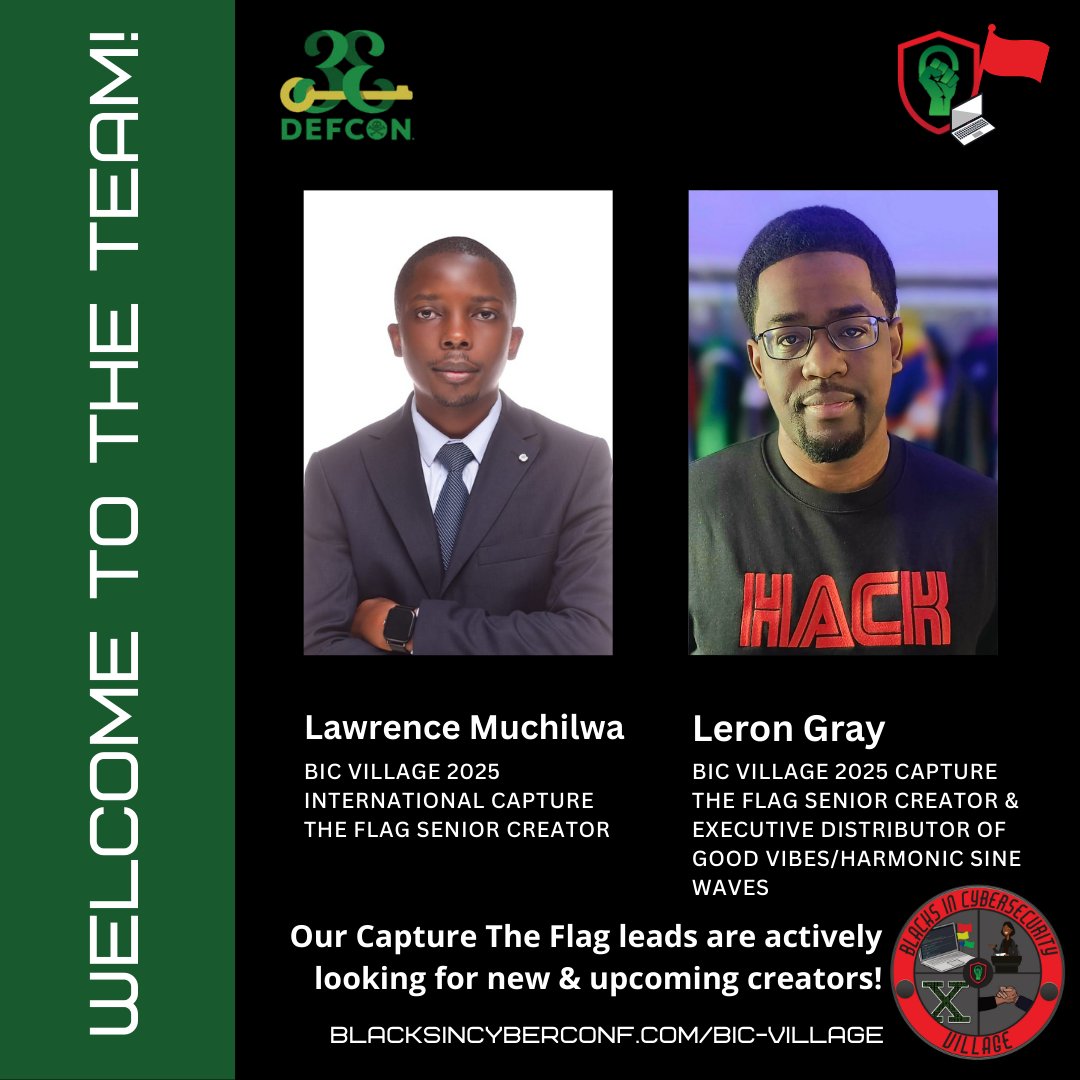 🏴‍☠️ Our success is built on collaboration, creativity and passion!

Meet the team that brings it all together! 🏡
⁠
Link: blacksincyberconf.com/bic-village⁠
⁠
#BIC_Village #BlacksInCyber #DEFCON #DEFCON33 #BlacksInCybersecurity #BIC_CTF
