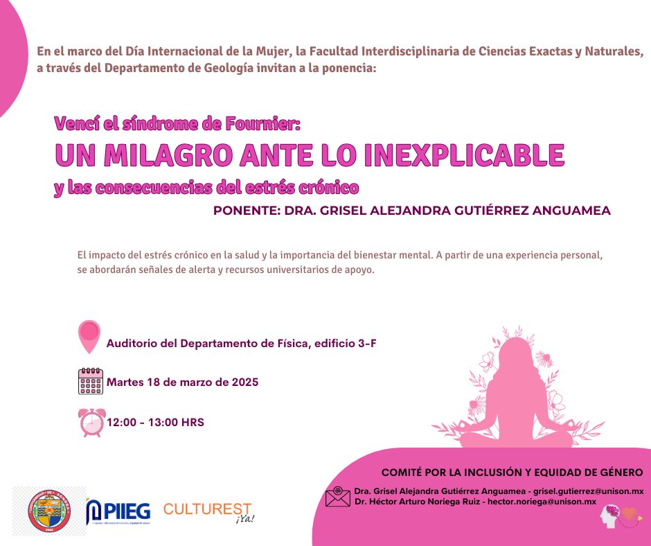 Dapi_Unison's tweet image. Hoy 18 de marzo se llevará a cabo la ponencia &quot;Vencí el síndrome de Fournier: un milagro ante lo inexplicable y las consecuencias del estrés crónico&quot;, en el auditorio del Departamento de Física, edificio 3F, a partir de las 12:00 horas.
Acredita Culturest.