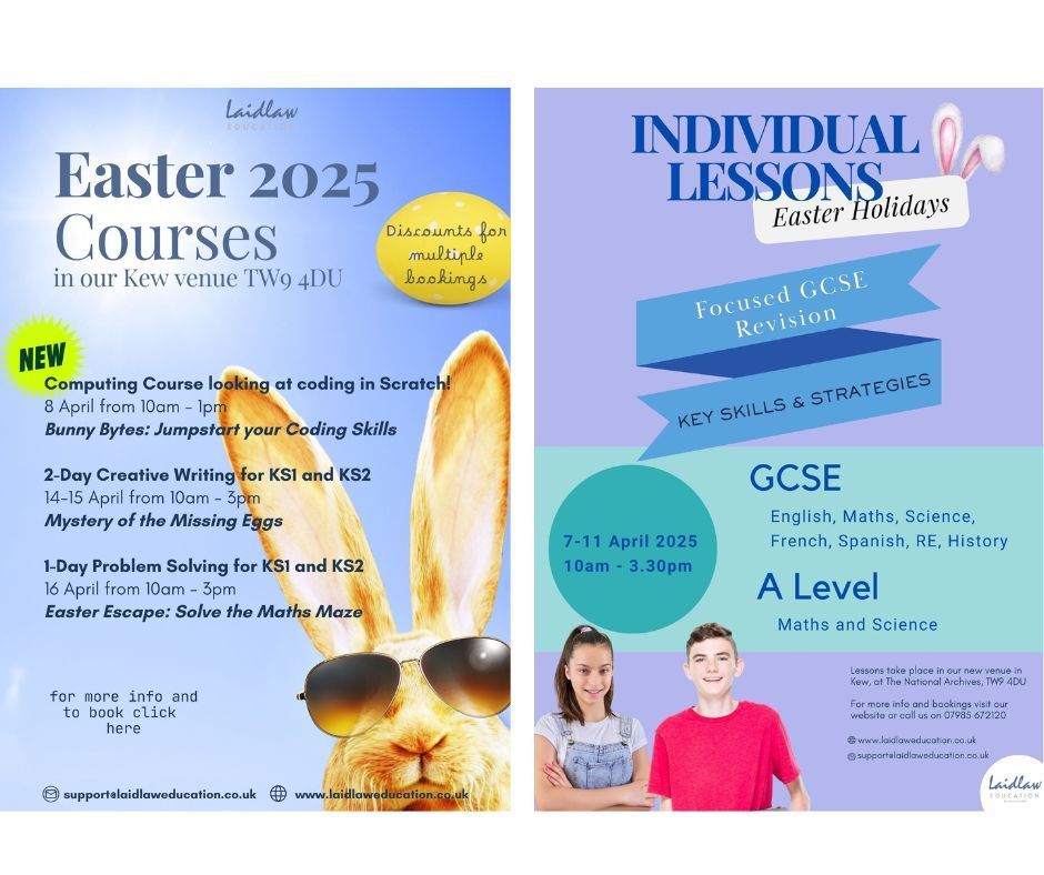 LaidlawEd's tweet photo. Join us this Easter holidays for some exciting courses!
- For children in Years 1 - 6
- For students preparing their GCSEs and A Levels
Fore more information and to book visit  https://t.co/hd7D0yKWIO
call us on: 020 8487 9517
email us on: support@laidlaweducation.co.uk https://t.co/kEz2YbAiPZ