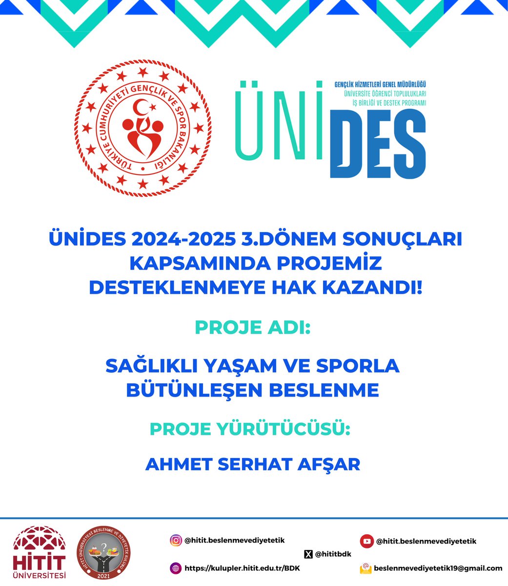 Hitit Üniversitesi Beslenme ve Diyetetik Kulübü, ÜNİDES 3. Dönem Proje Desteği Aldı.

Gençlik Hizmetleri Genel Müdürlüğü  ÜNİDES kapsamında, Hitit Üniversitesi Beslenme ve Diyetetik Kulübü’nün projesi desteklenmeye hak kazandı.

<a href="/HititSagbf/">Hitit Üniversitesi Sağlık Bilimleri Fakültesi</a> <a href="/HituKurumsal/">Hitit Üniversitesi</a> <a href="/ProfAliOzturk/">Ali Osman Öztürk</a>