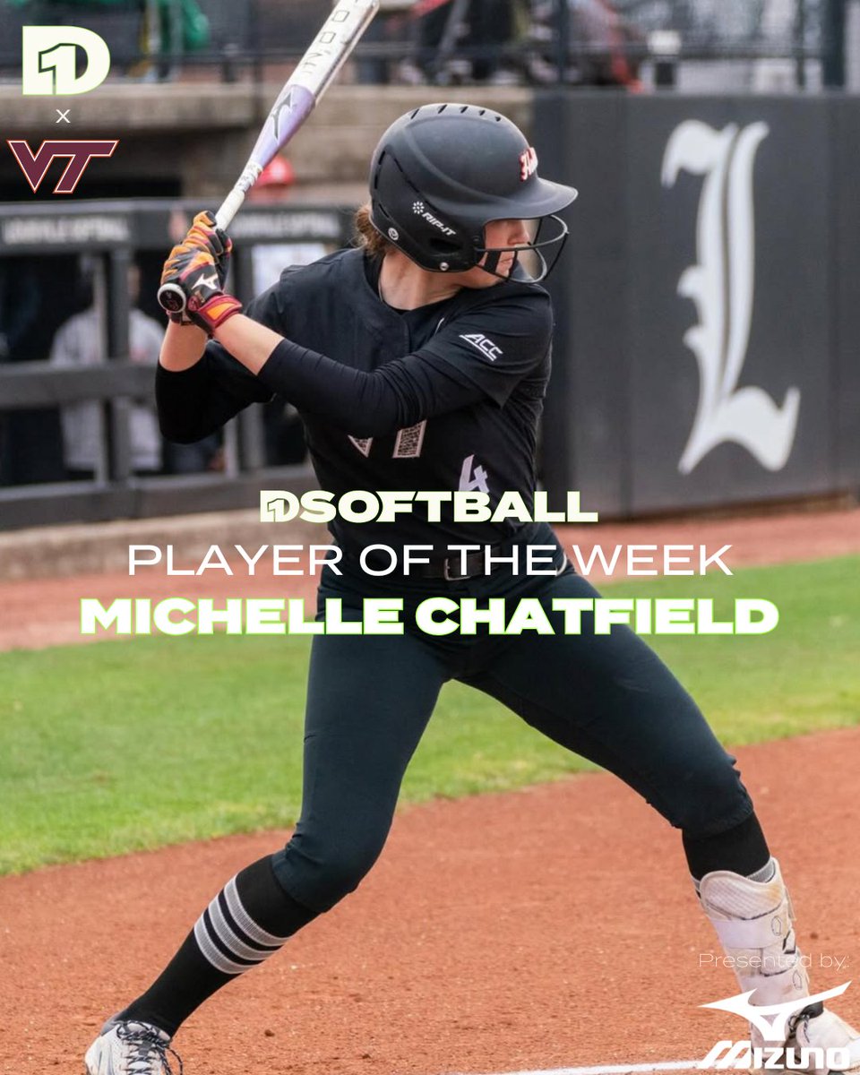 Player of the Week: Michelle Chatfield, Virginia Tech

Michelle Chatfield put on quite the power show for Virginia Tech this weekend, hitting four home runs and posting a 1.727 slugging percentage in the Hokies' series sweep over Louisville.

Presented by <a href="/MizunoSportsUSA/">Mizuno Team Sports USA</a>