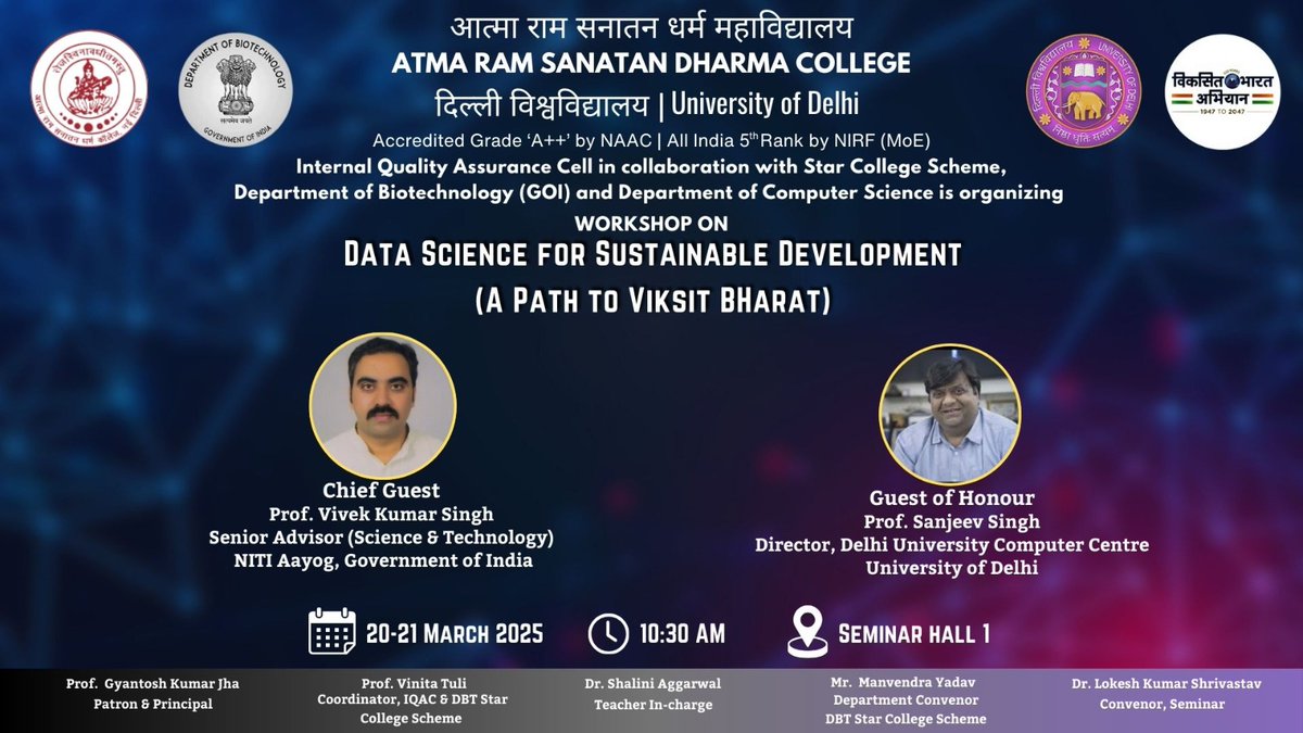 arsdcollegedu's tweet image. #IQAC @arsdcollegedu, in collaboration with the DBT Star College Scheme, DBT, and the Department of Computer Science, is organizing a workshop on:  
DATA SCIENCE FOR SUSTAINABLE DEVELOPMENT
(A Path to Viksit Bharat)

Register now: forms.gle/ATxpCyhPdCi4HW…