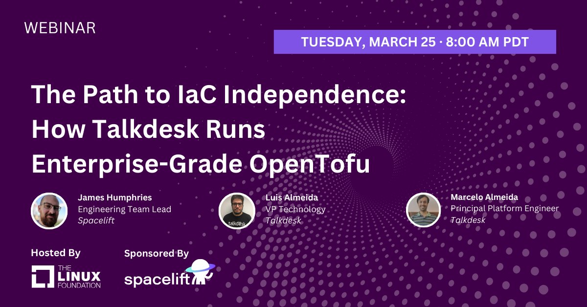 Join <a href="/spaceliftio/">Spacelift</a> &amp; <a href="/linuxfoundation/">The Linux Foundation</a> for a complimentary live webinar on Tuesday, March 25 at 8:00am PDT entitled: "The Path to IaC Independence: How Talkdesk Runs Enterprise-Grade OpenTofu". Learn more &amp; register: hubs.la/Q03b9mbY0 #OpenSource #OpenTofu #IaC #Talkdesk