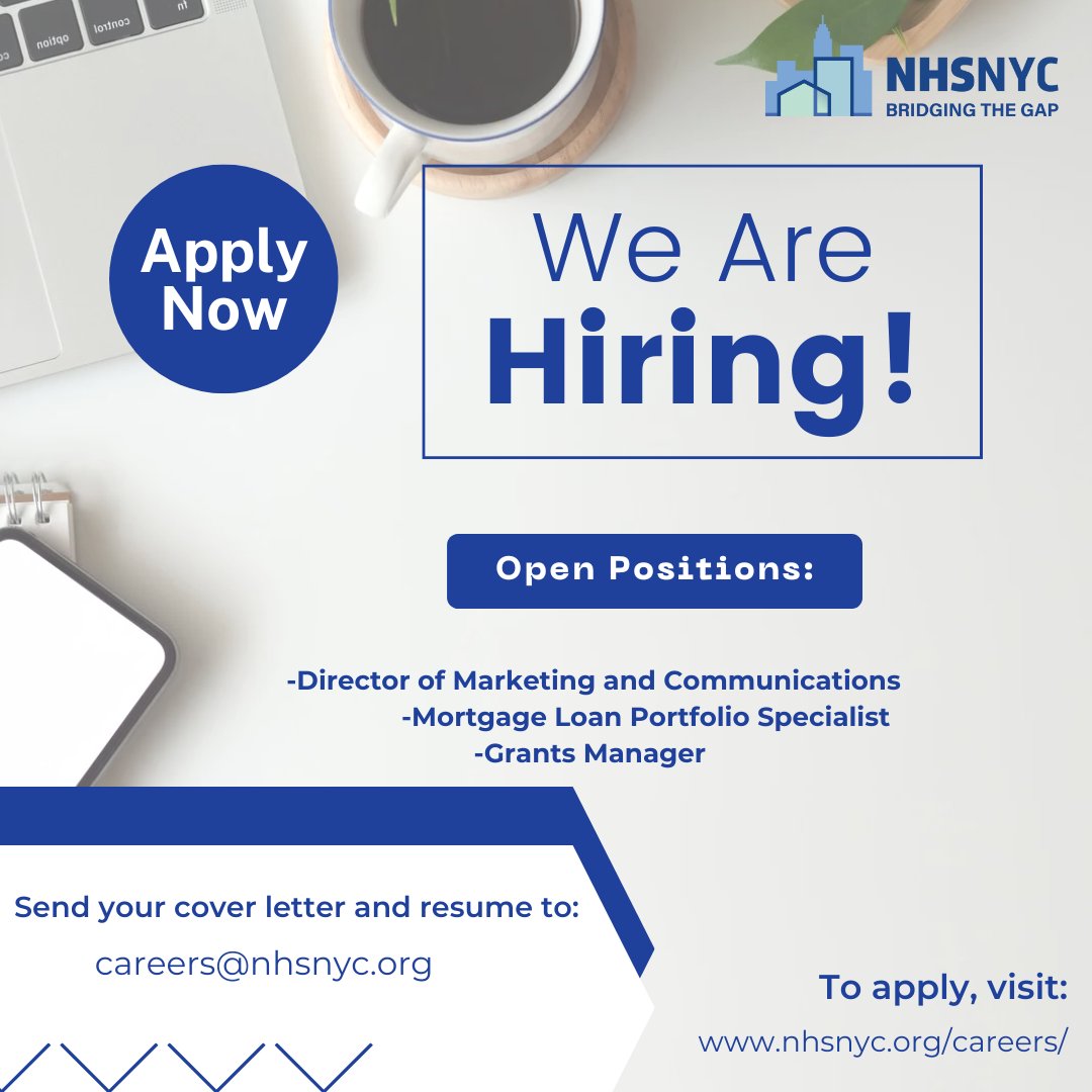 We're Hiring!!!

Join our mission to create vibrant, sustainable communities in New York City! Neighborhood Housing Services of New York City is looking for passionate, dedicated individuals to help us provide affordable housing solutions and support to families in need.