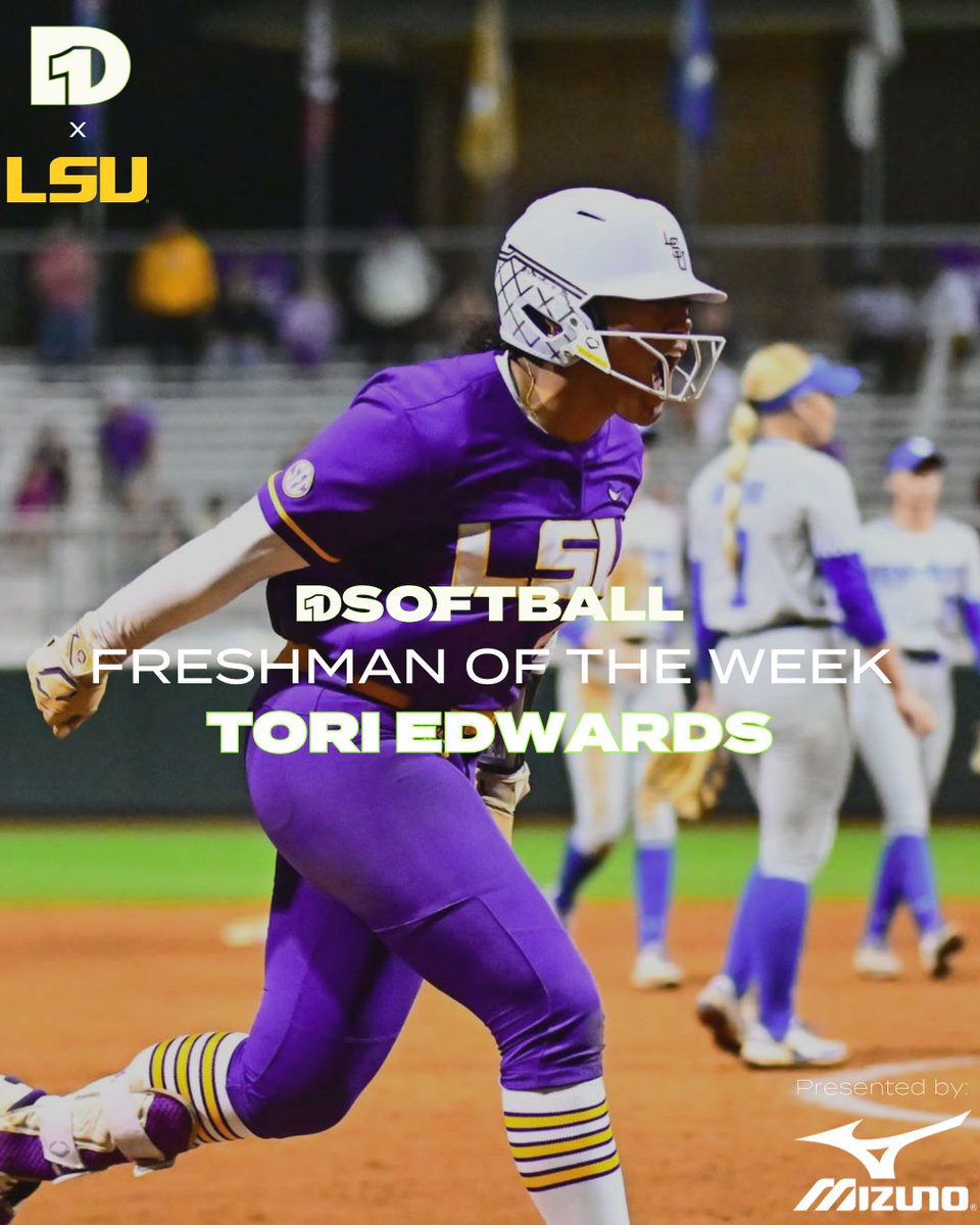 D1Softball (@d1softball) on Twitter photo Freshman of the Week: Tori Edwards, LSU
Tori Edwards' power show continued with three home runs in week six; she recorded multi-RBI showings in three of her team's four games on the week
Presented by <a href="/MizunoSportsUSA/">Mizuno Team Sports USA</a> Freshman of the Week: Tori Edwards, LSU
Tori Edwards' power show continued with three home runs in week six; she recorded multi-RBI showings in three of her team's four games on the week
Presented by <a href="/MizunoSportsUSA/">Mizuno Team Sports USA</a>