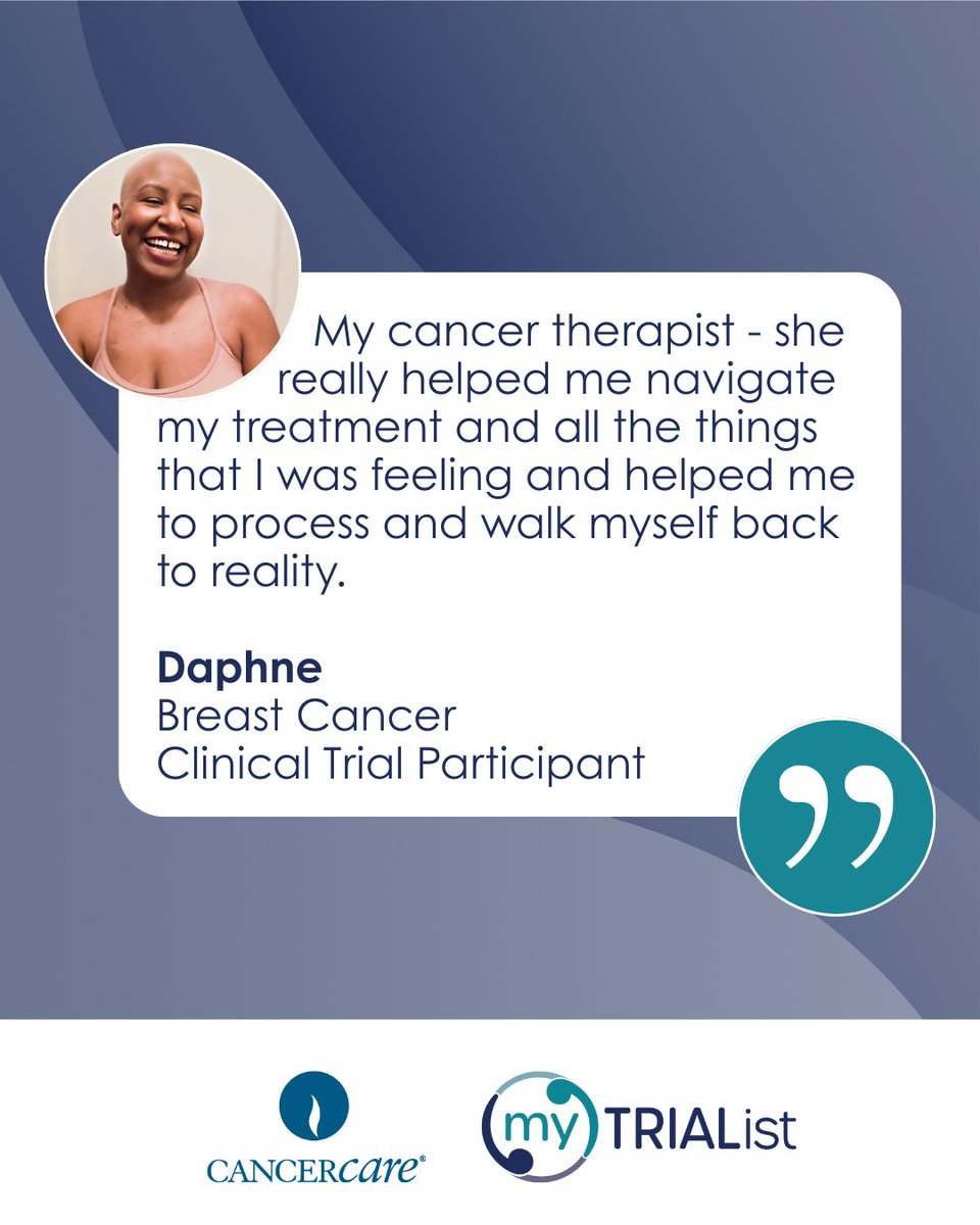 myTRIAList's tweet image. Daphne got connected to an oncology social worker at @CancerCare, who helped her navigate treatment and process her emotions. Learn more about the profound impact oncology social workers have had on clinical trial participants at mytrialist.org/trial-talk/cli….
#SocialWorkMonth